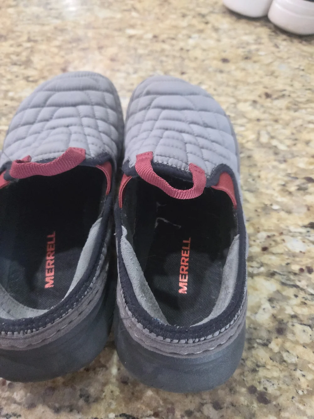 Merrell Quilted Hut Moc Slip-On Shoes in Gray and Red